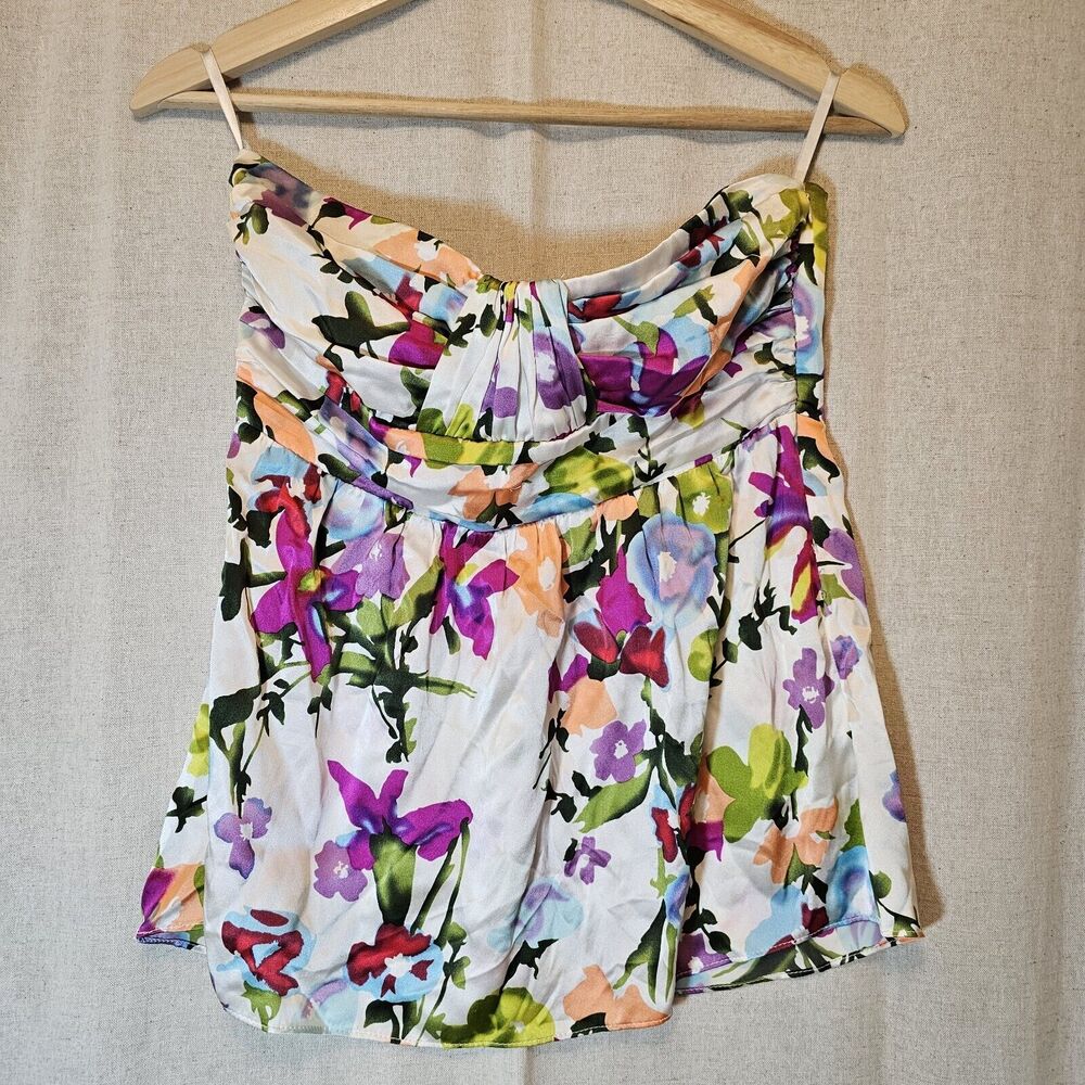 Alice & Trixie Silk Strapless Top Cream Floral Side Zip Boning Smocked Back L